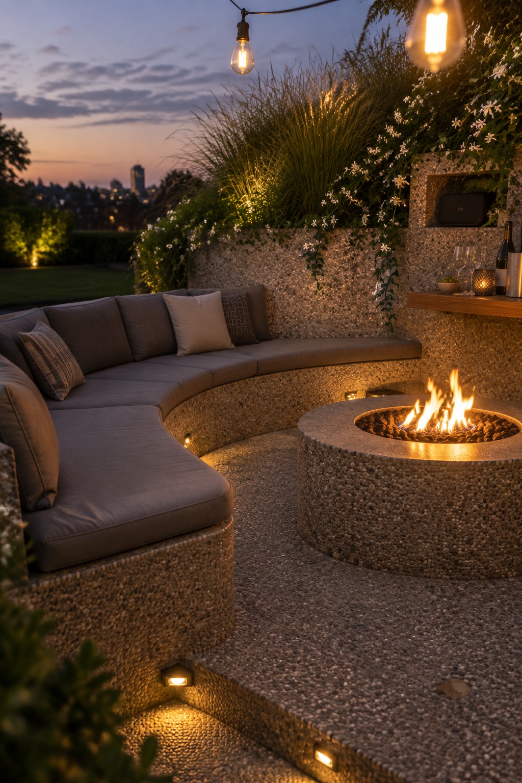 A curved built-in bench with gray cushions runs along a textured concrete planter wall with tall grasses and white flowers, next to a round stone fire pit with active flames on a paved terrace at dusk.