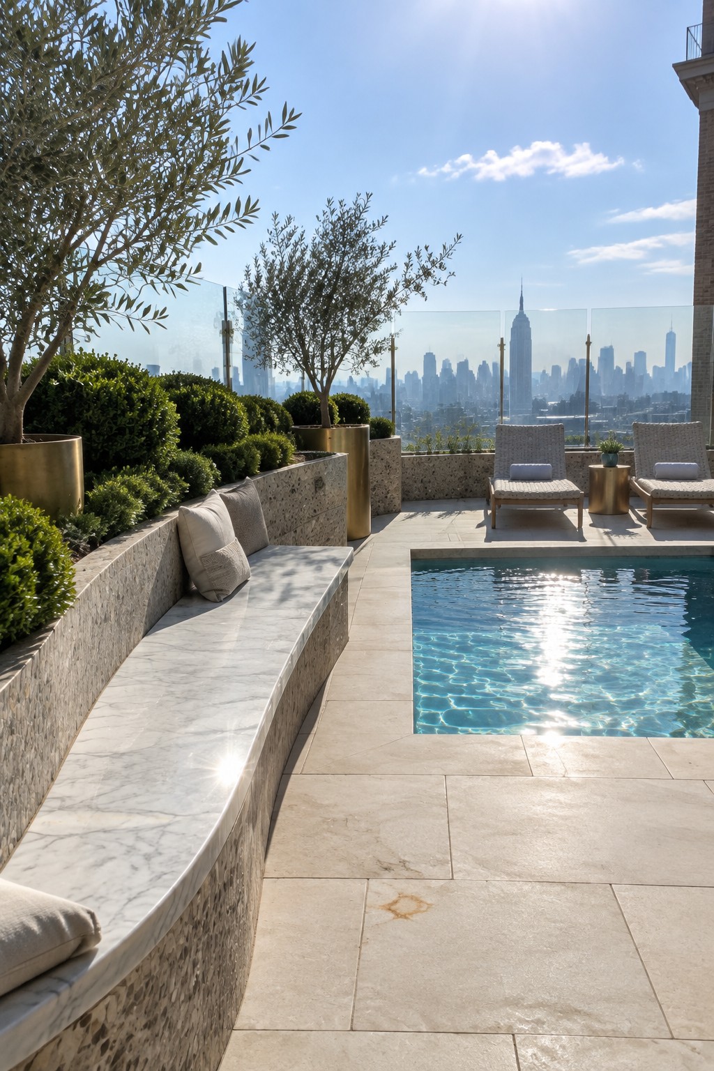 A rooftop terrace featuring a curved marble bench with cushions integrated into stone planter walls beside a swimming pool, with lounge chairs and a city skyline in the background.