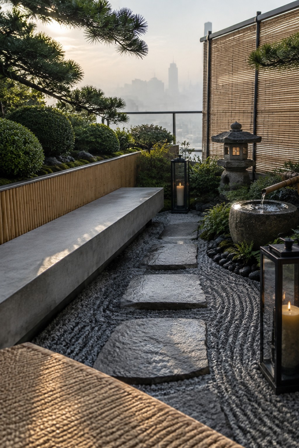 A rooftop terrace shows a long concrete bench set against a bamboo-clad wall, with stepping stones crossing raked gravel and stone lanterns placed among the planting.