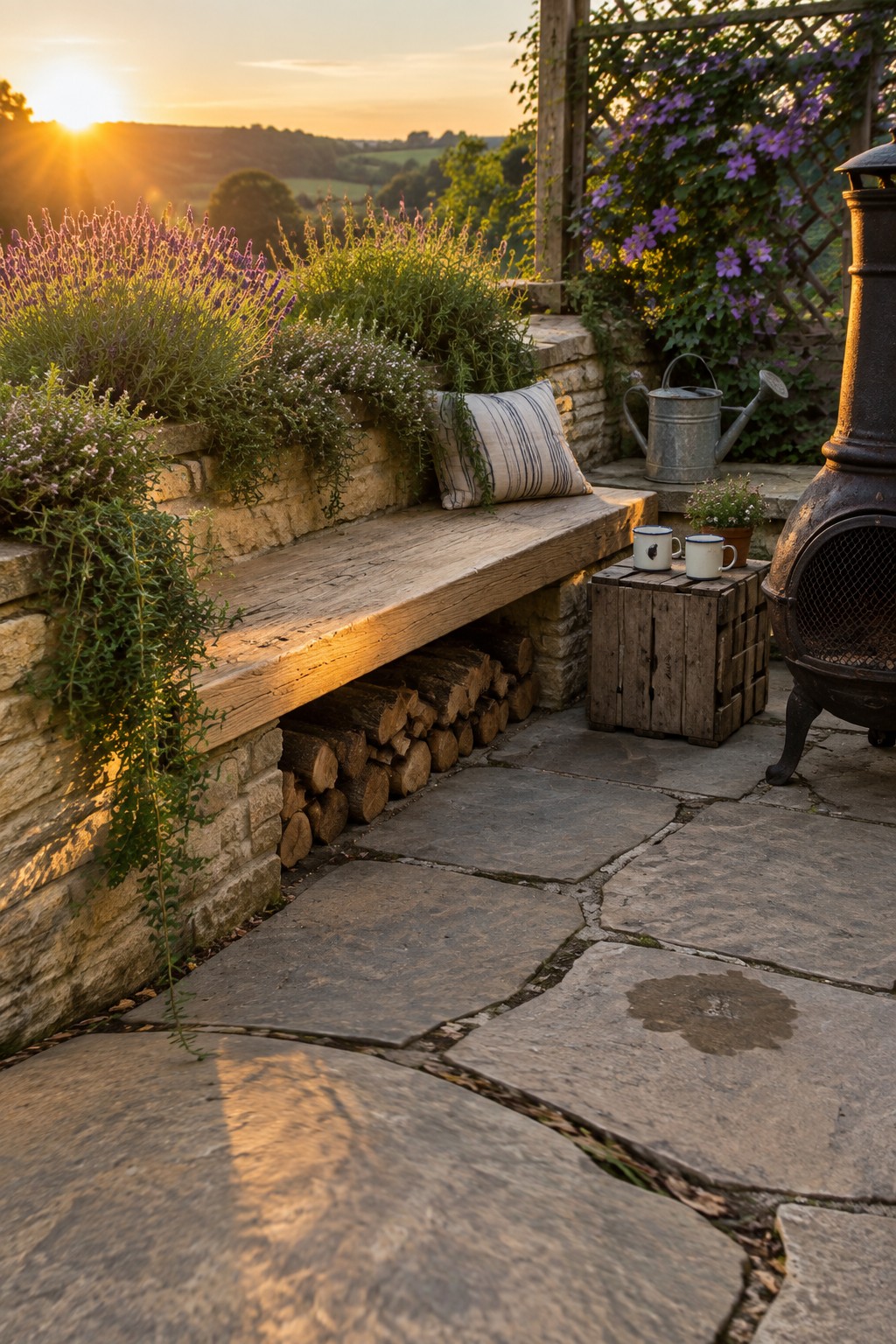 A wooden bench seat built into a low stone wall with lavender spilling over the edge on a stone terrace.