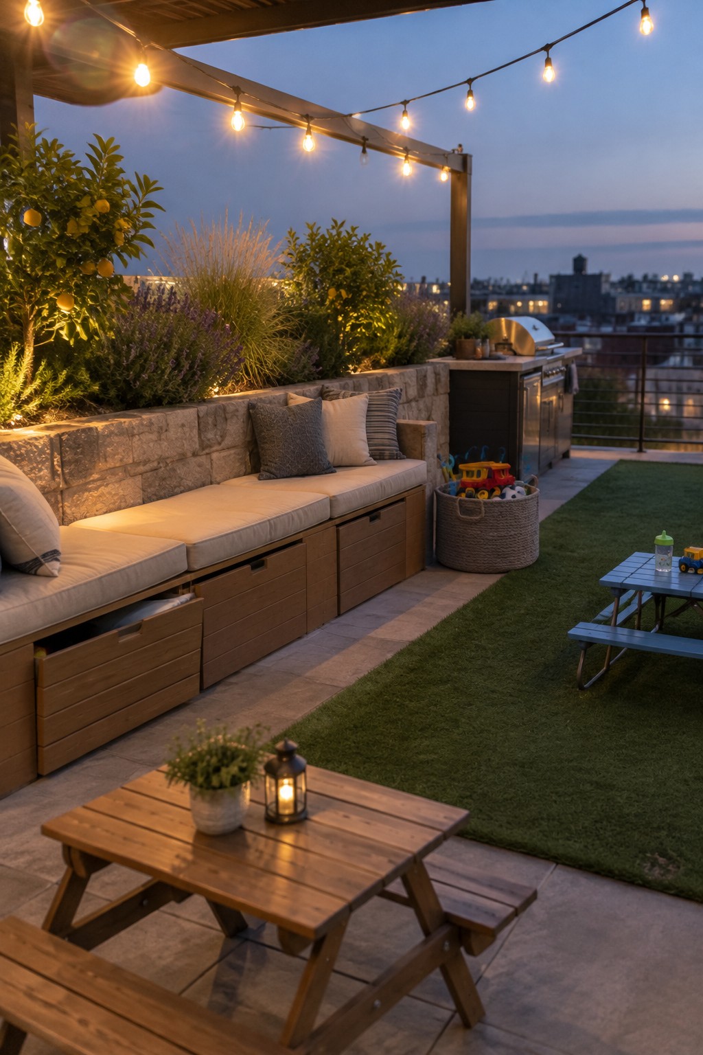 Rooftop patio at dusk with string lights, stone bench, picnic table, and city skyline