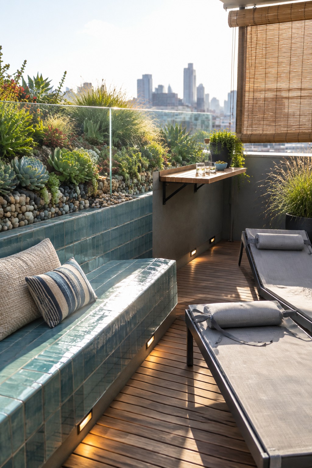 Rooftop terrace with teal tiled bench, gray lounge chairs, succulents, and city skyline