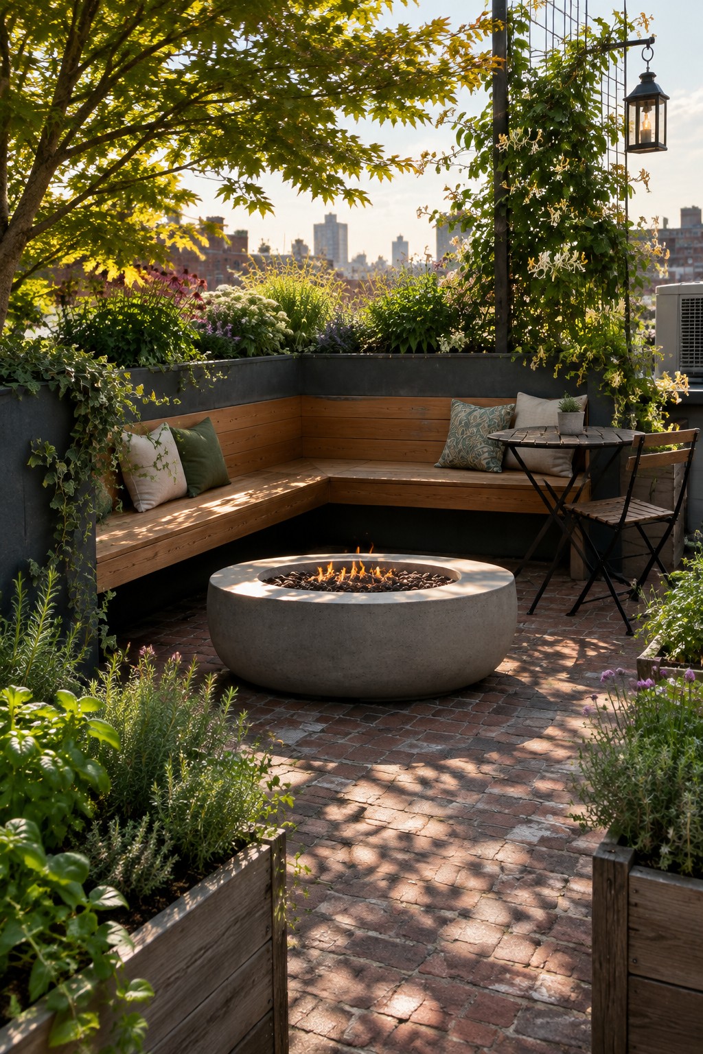 A rooftop terrace featuring an L-shaped wooden bench set into dark planter walls around a round concrete fire pit on brick paving, with a small table and chair nearby.