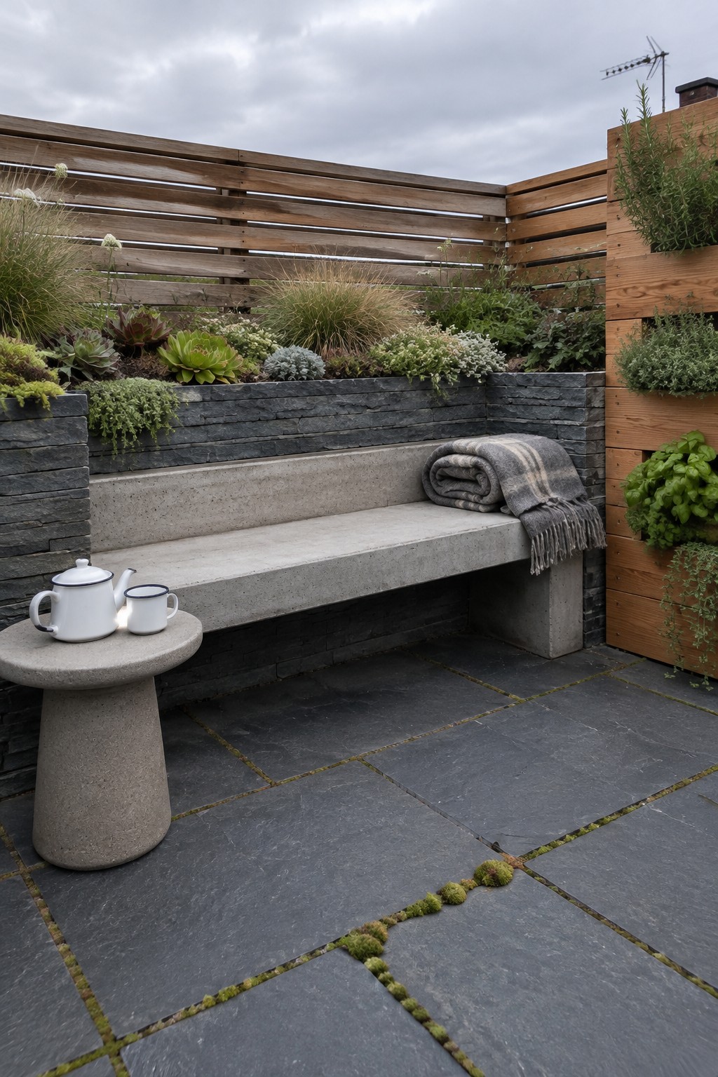 Concrete bench built into a low stone planter wall on a dark-tiled roof terrace with wooden screening and potted plants.