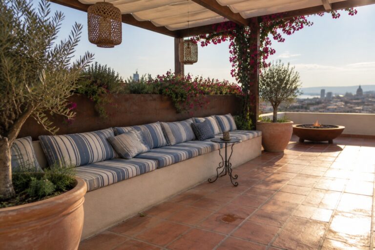 A roof terrace featuring a long built-in bench with blue striped cushions set against a raised planter wall, terracotta tile flooring, woven pendant lights, a fire pit, and distant city views.