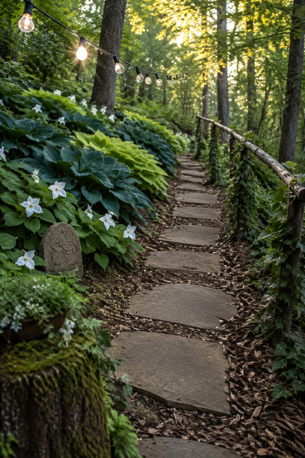 Irregular stone steps wind through a shaded garden bordered by hostas and white flowers, with string lights overhead.