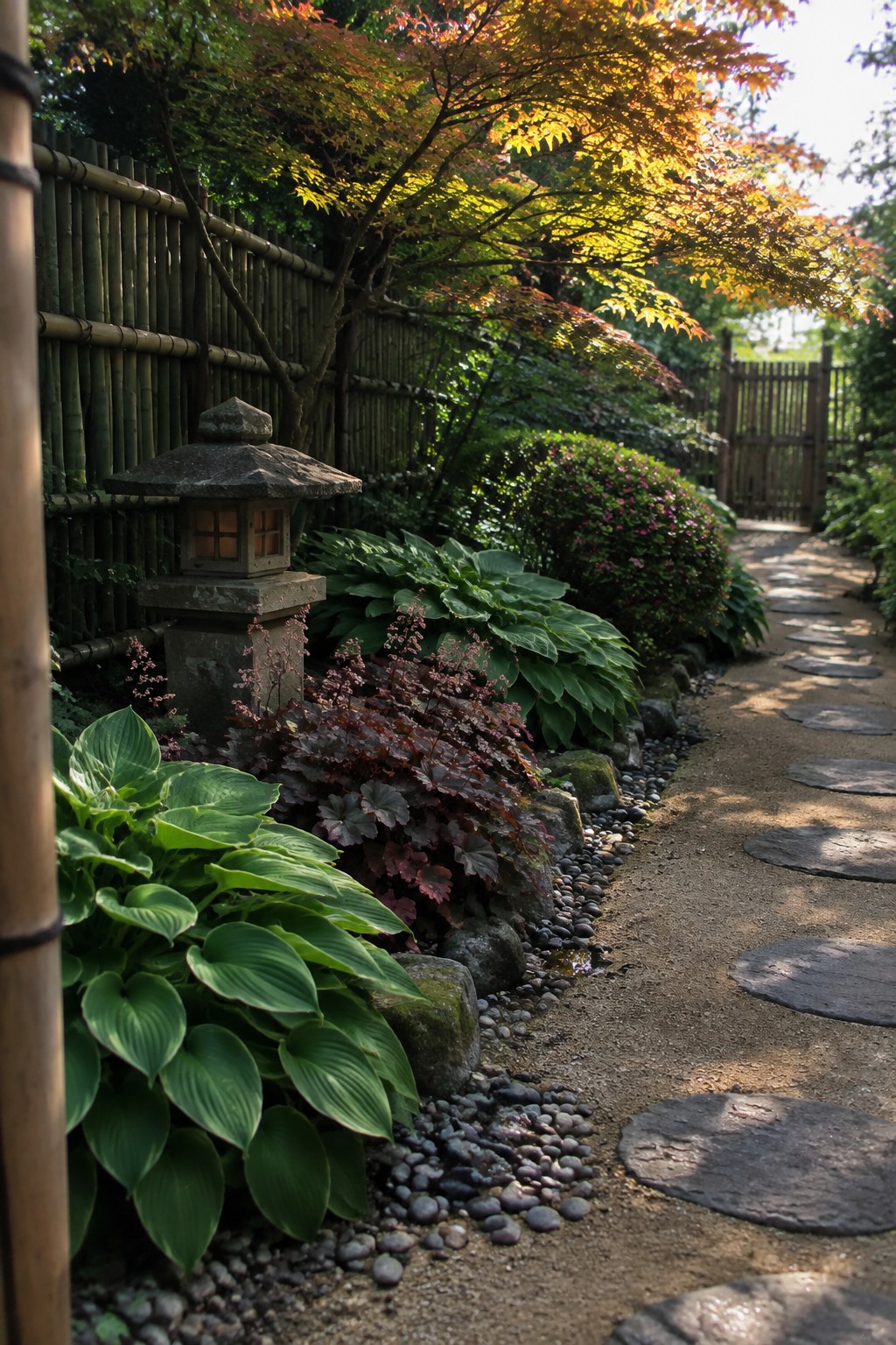 A gravel garden path with stepping stones runs beside hostas, flowering shrubs, a bamboo fence, and a stone lantern.