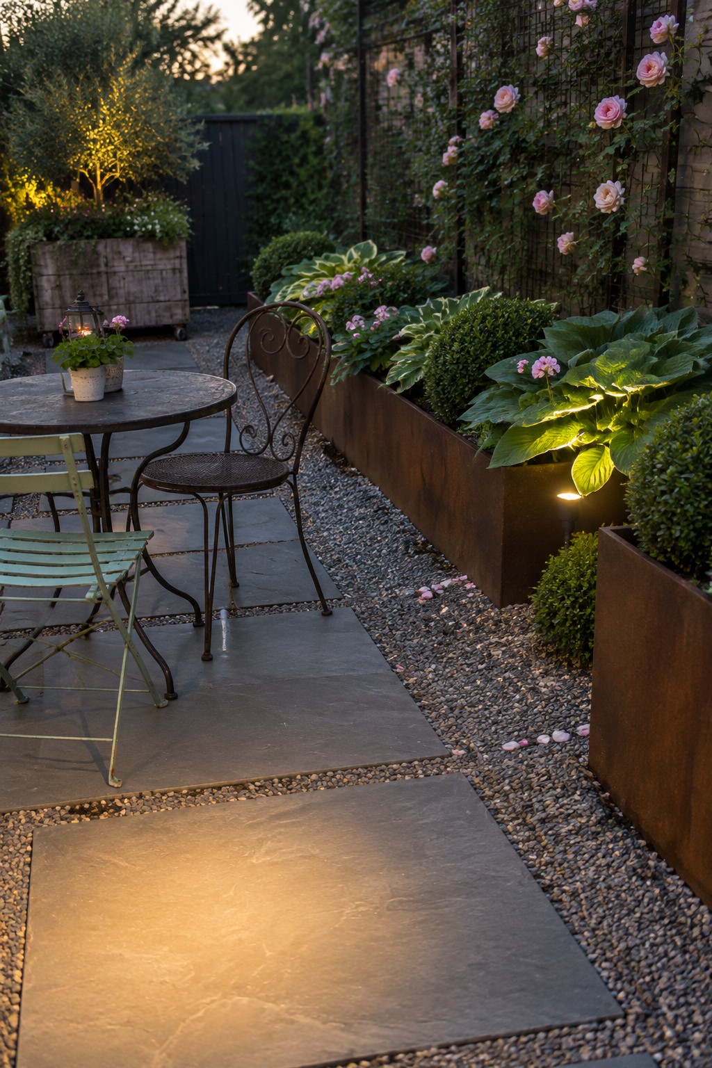 A garden path of large stone pavers runs beside raised metal beds planted with hostas and pink flowers.