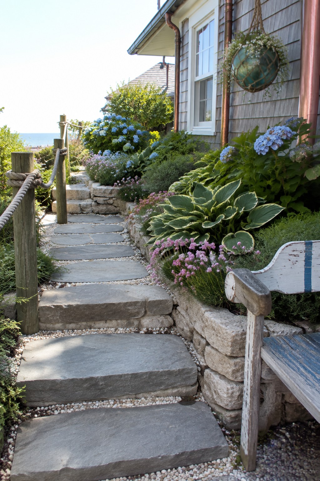 Broad stone steps climb through a garden bordered by hostas, flowering plants, and a rope handrail.