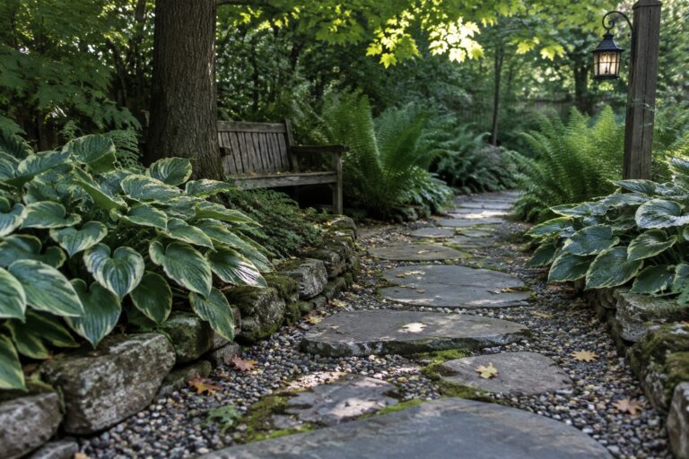 Large stone stepping stones wind through a shaded garden bordered by variegated hostas, with a wooden bench beside the path.