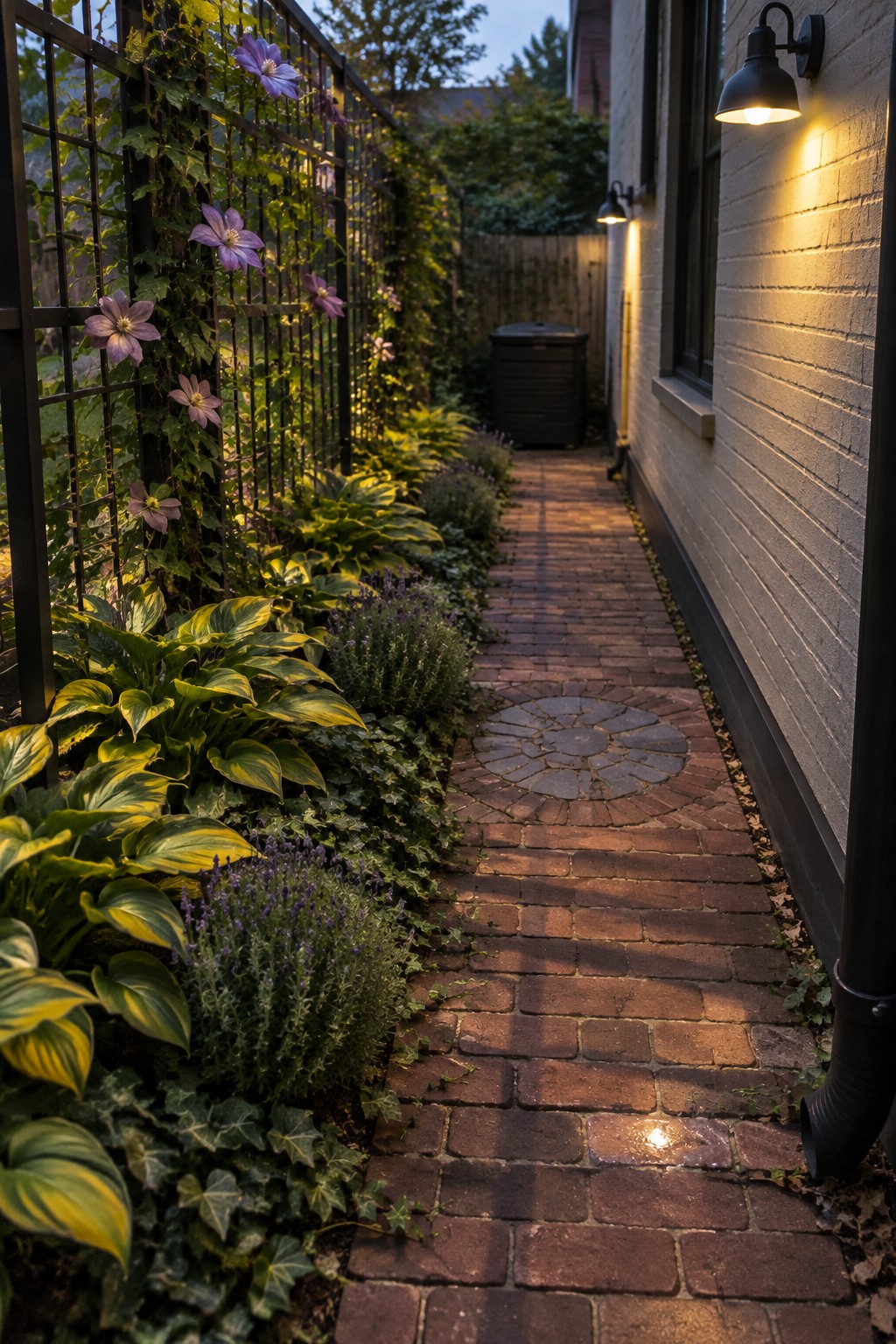 A brick walkway runs between a white brick house and a garden bed with hostas and purple flowers.