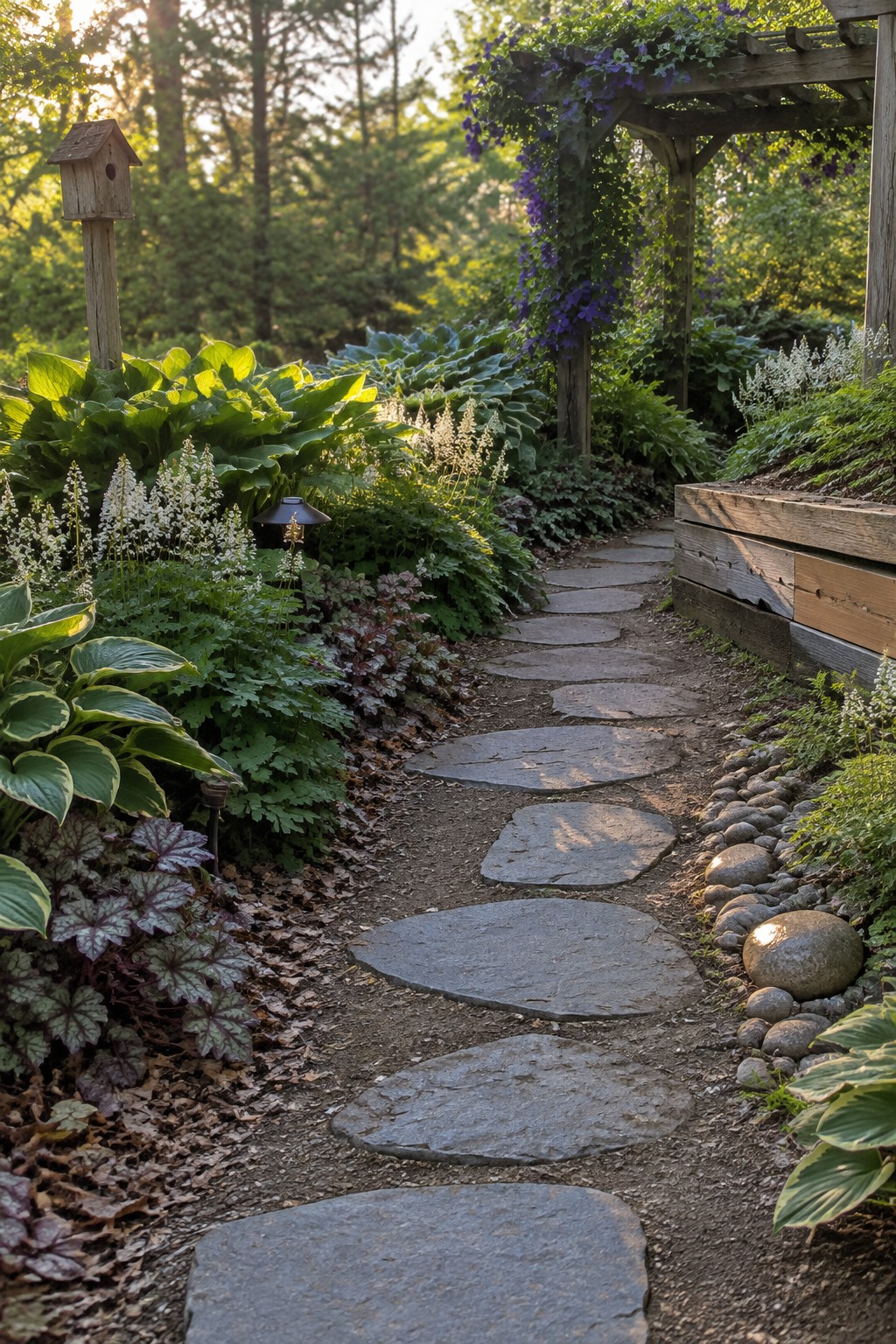 Large irregular stone slabs curve through a shaded garden bordered by hostas, beneath a wooden pergola covered in purple flowers.