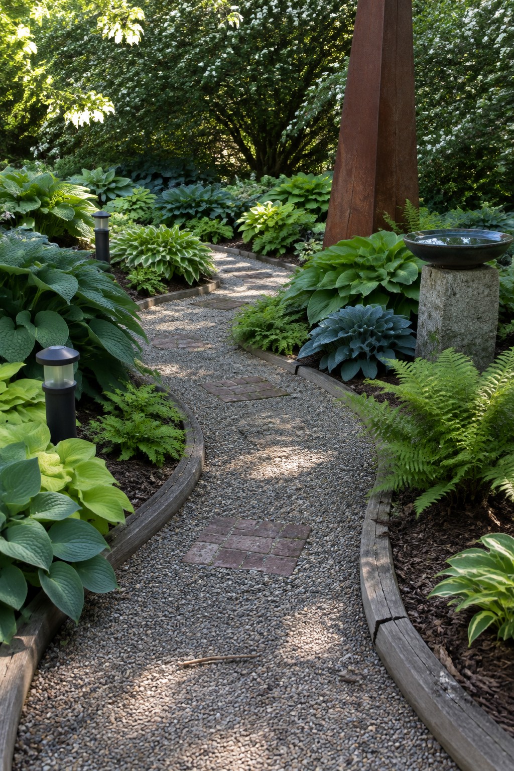 A curved gravel garden path with brick pavers winds between hosta beds edged with timber.