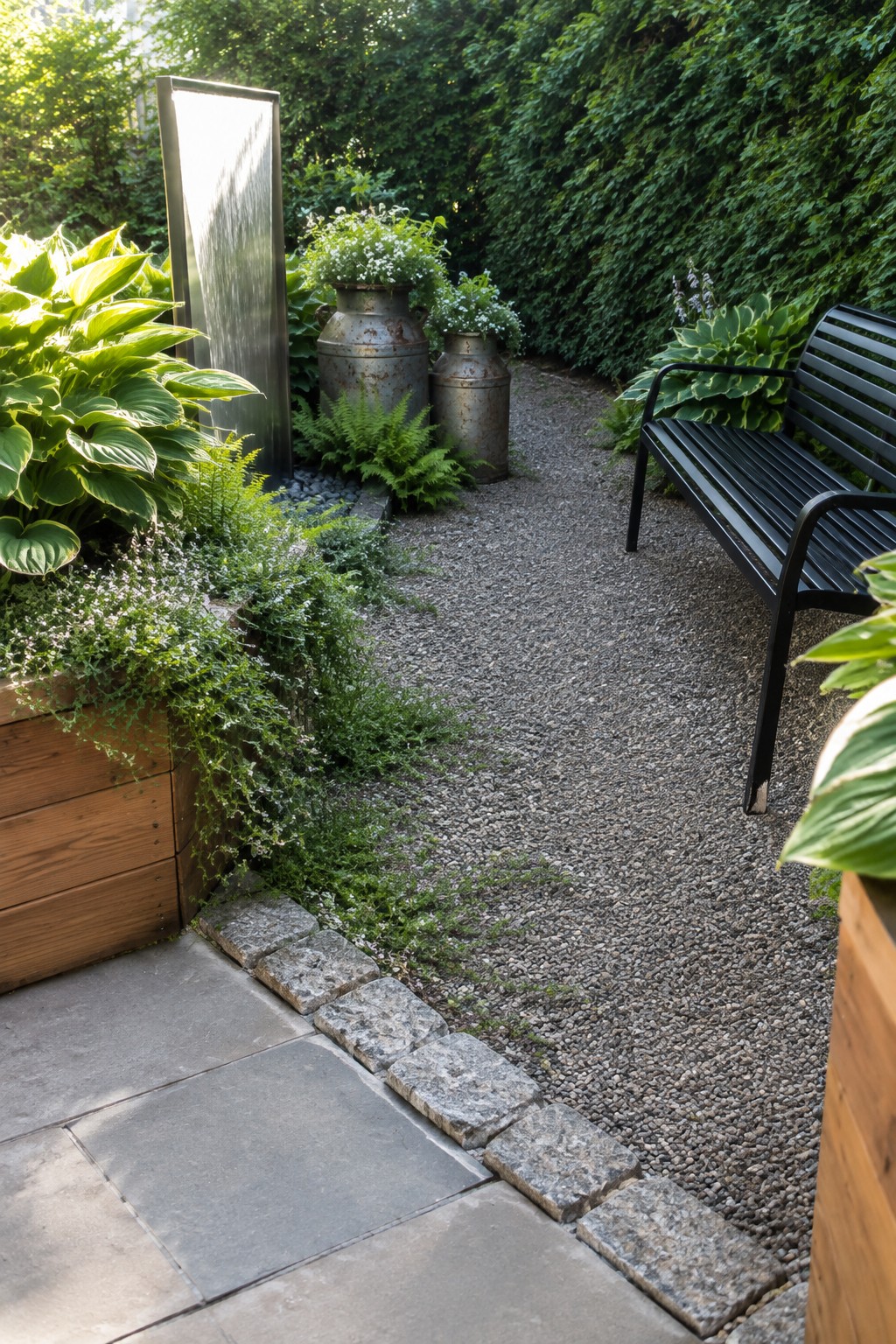 A gravel path curves through a shady garden beside hostas, with a low stone border and a black metal bench.