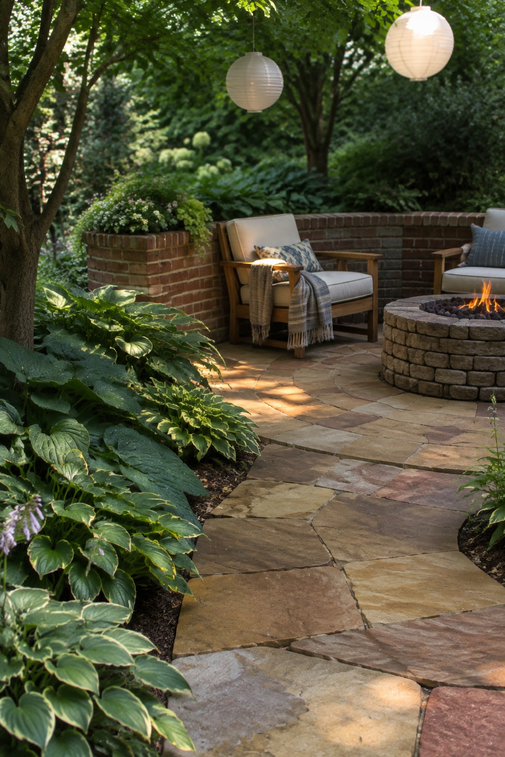 Irregular flagstone paving curves through a garden beside hostas, leading to a brick patio with chairs and a fire pit.