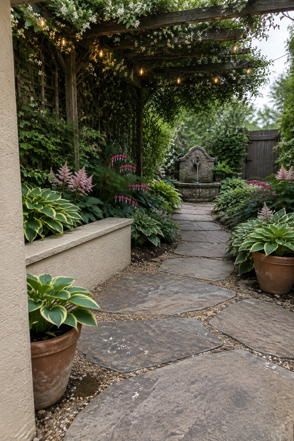 Large irregular stone slabs form a garden path bordered by hostas and flowering plants beneath a wooden pergola.