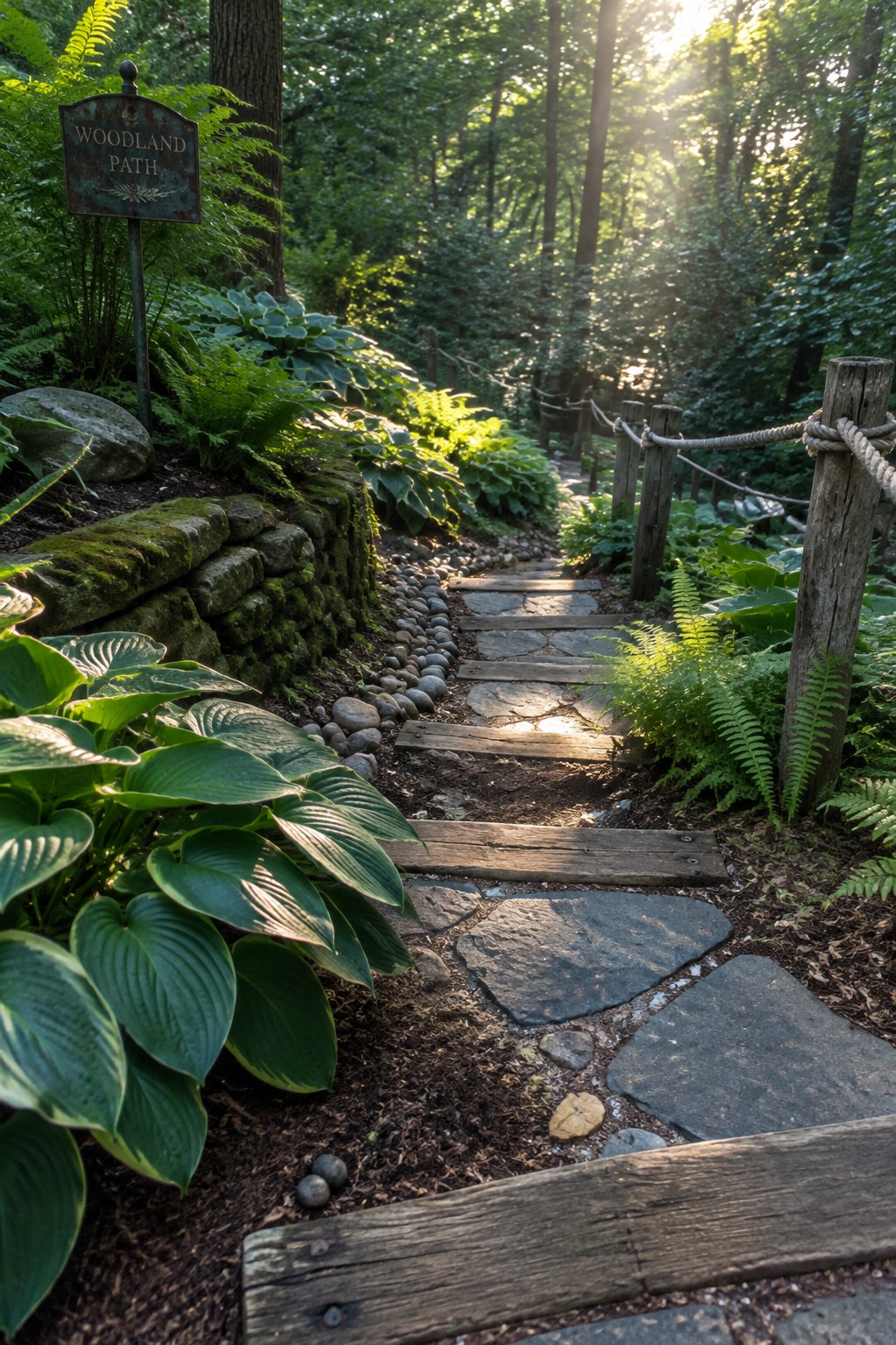 A woodland path of irregular stone and timber steps bordered by hostas and ferns, with a wooden sign reading “Woodland Path.”