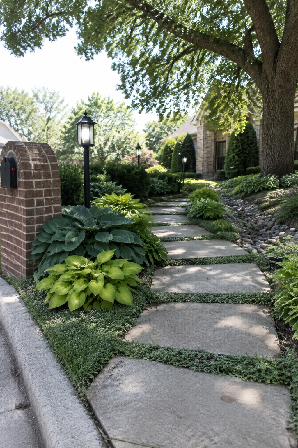 Large concrete stepping stones edged with hostas lead through a shaded garden toward a brick house.