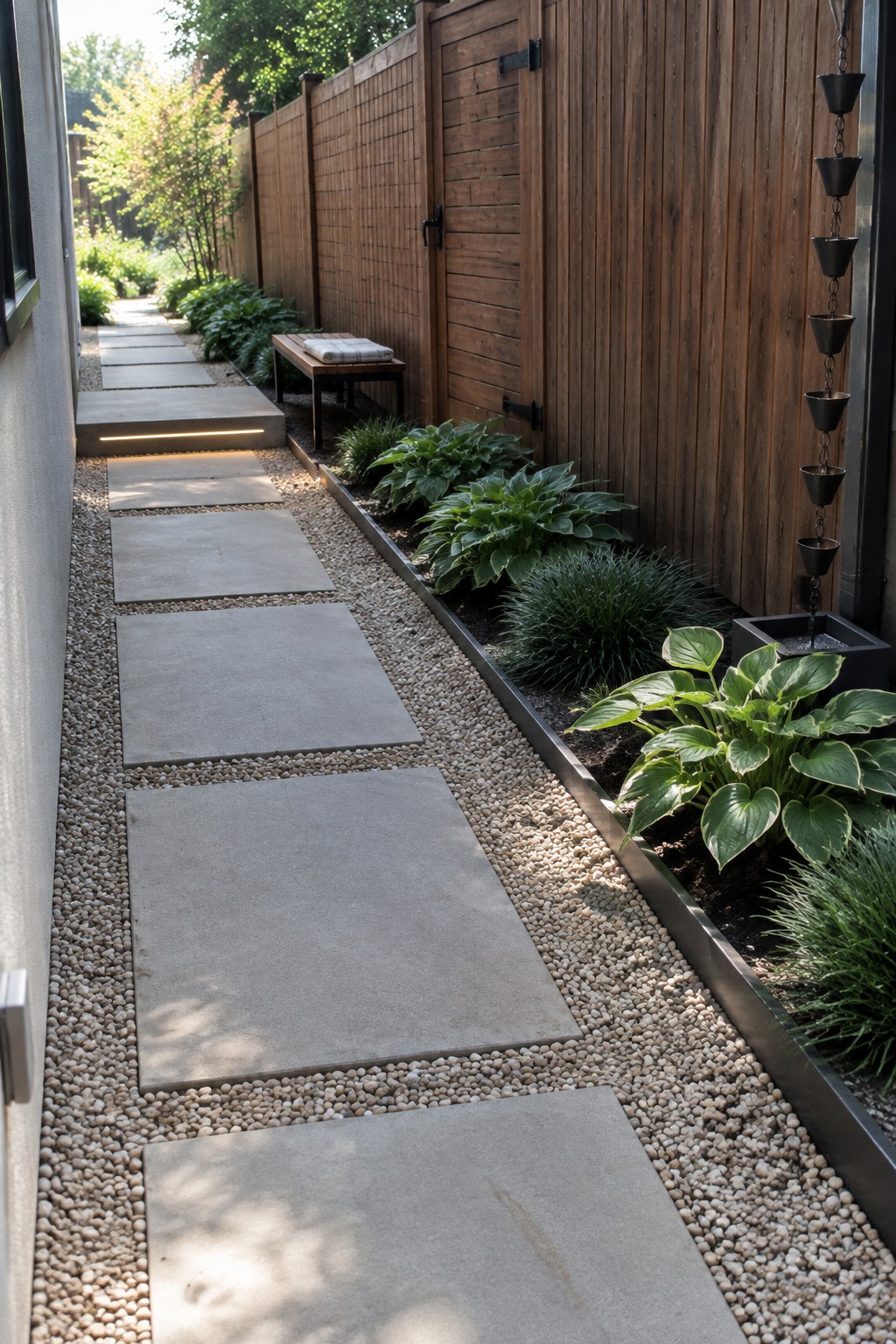 Large rectangular stepping stones run through pale gravel beside hostas and a wooden fence.