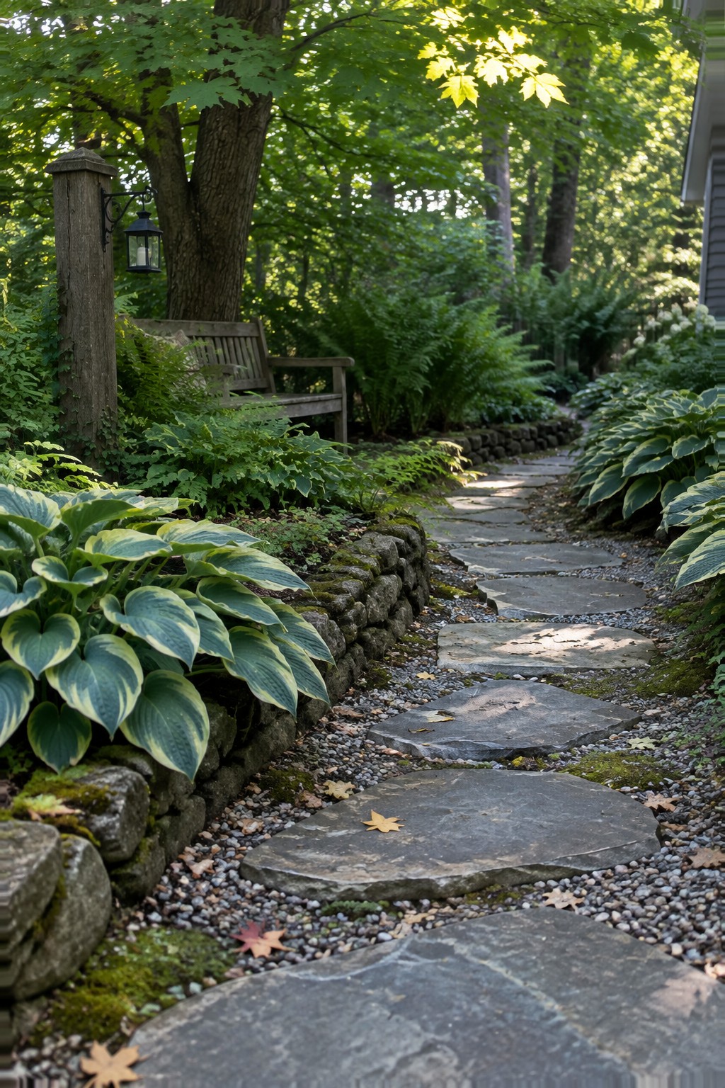 Large stone stepping stones wind through a shaded garden bordered by variegated hostas, with a wooden bench beside the path.