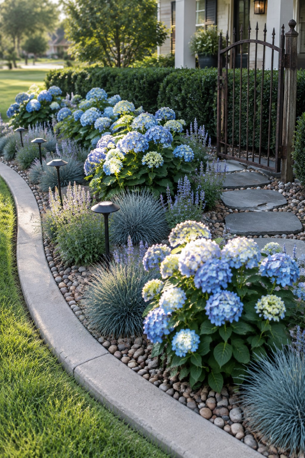 Blue hydrangeas and ornamental grasses grow in a curved bed edged with concrete, with stepping stones leading to a metal gate.