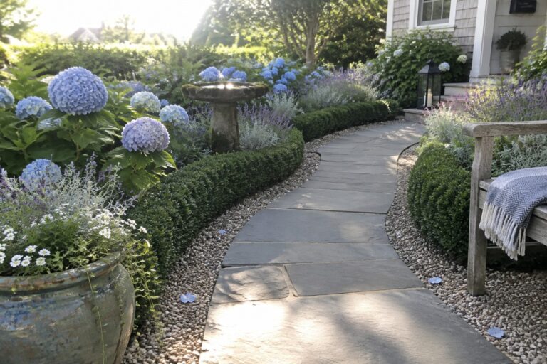 17 Blue Hydrangea Landscaping Ideas for Cool-Toned Flower Beds A curved stone path runs through blue hydrangeas, low shrubs, and gravel beside a house.