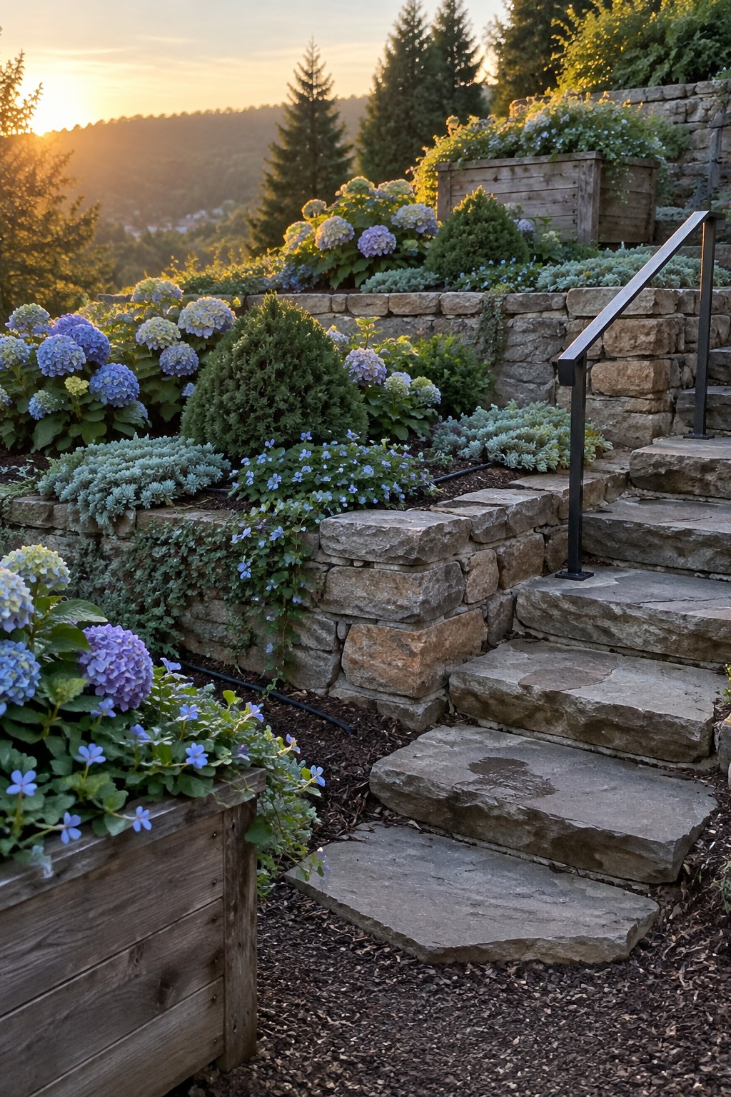 Blue hydrangeas and low-growing flowers fill terraced stone garden beds beside a set of stone steps with a black handrail.