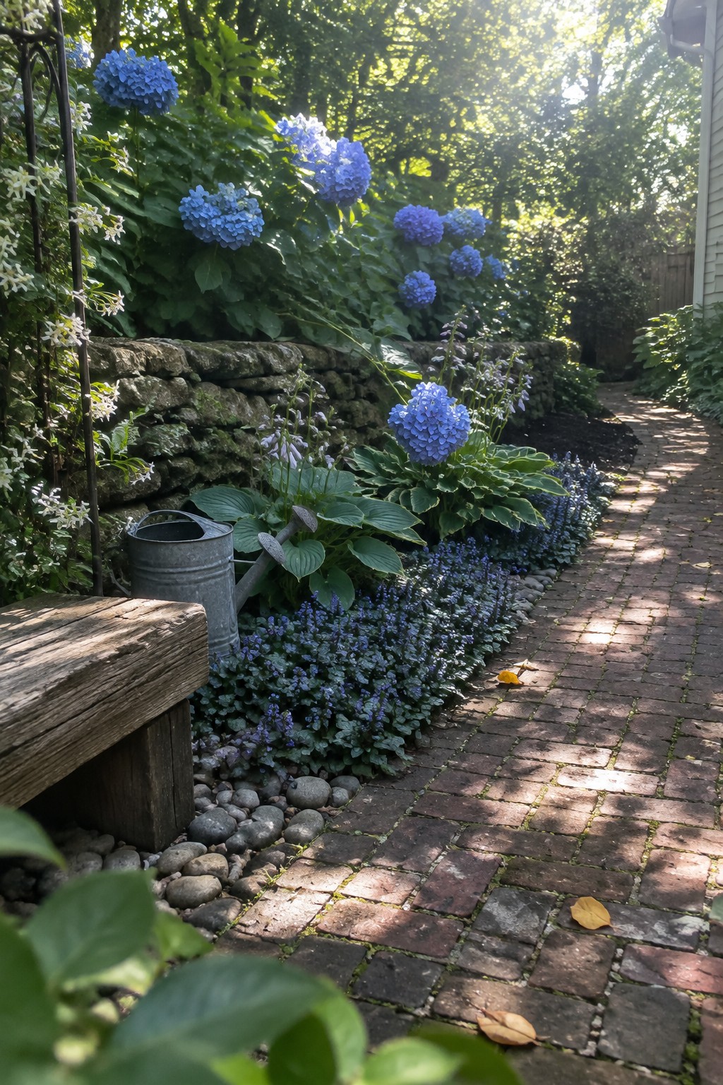 A curving brick garden path runs beside blue hydrangeas, low flowers, and a stone retaining wall.
