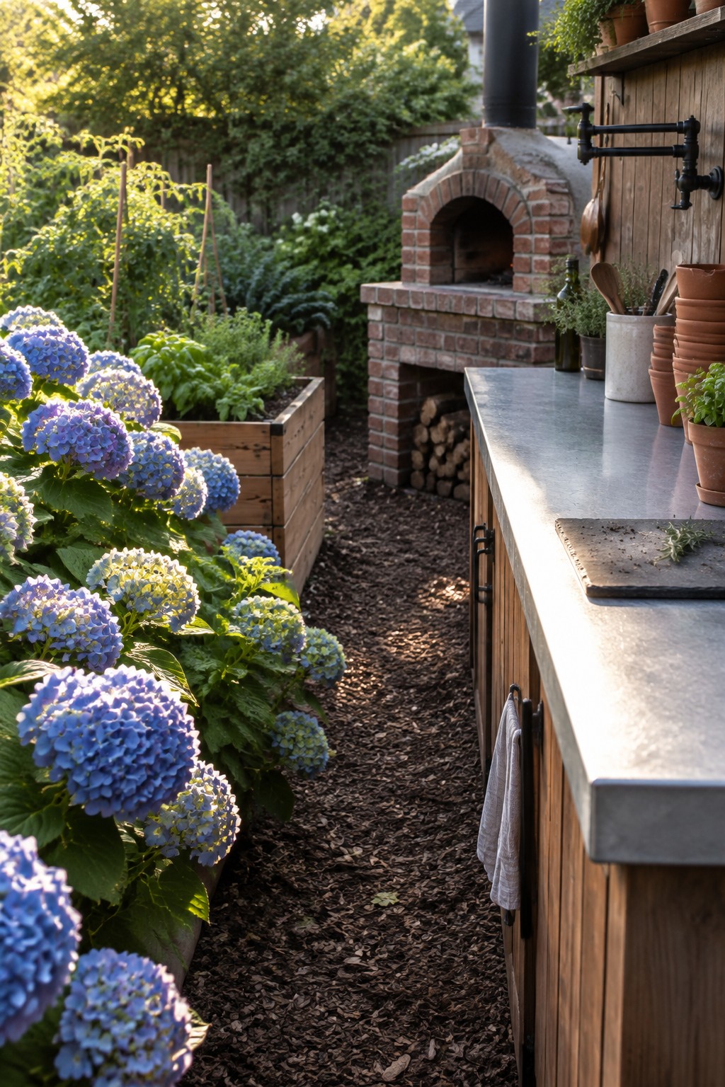 Blue hydrangeas line a mulched path beside a raised vegetable bed and a brick outdoor oven.