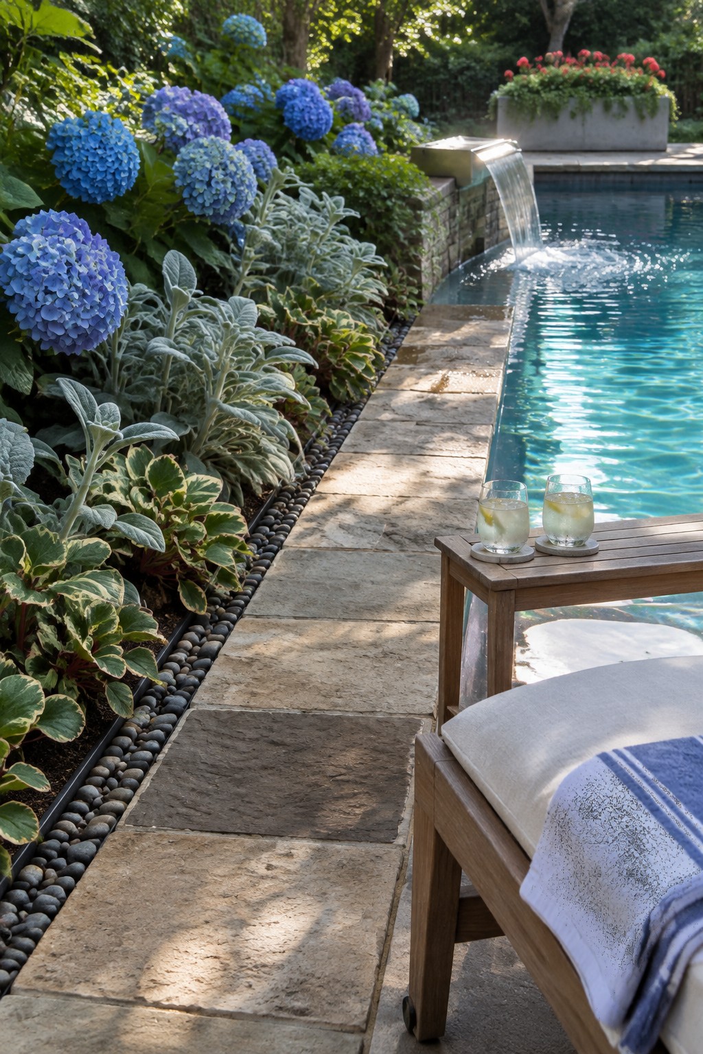 Blue hydrangeas grow beside a stone path and swimming pool with a small table and two glasses nearby.