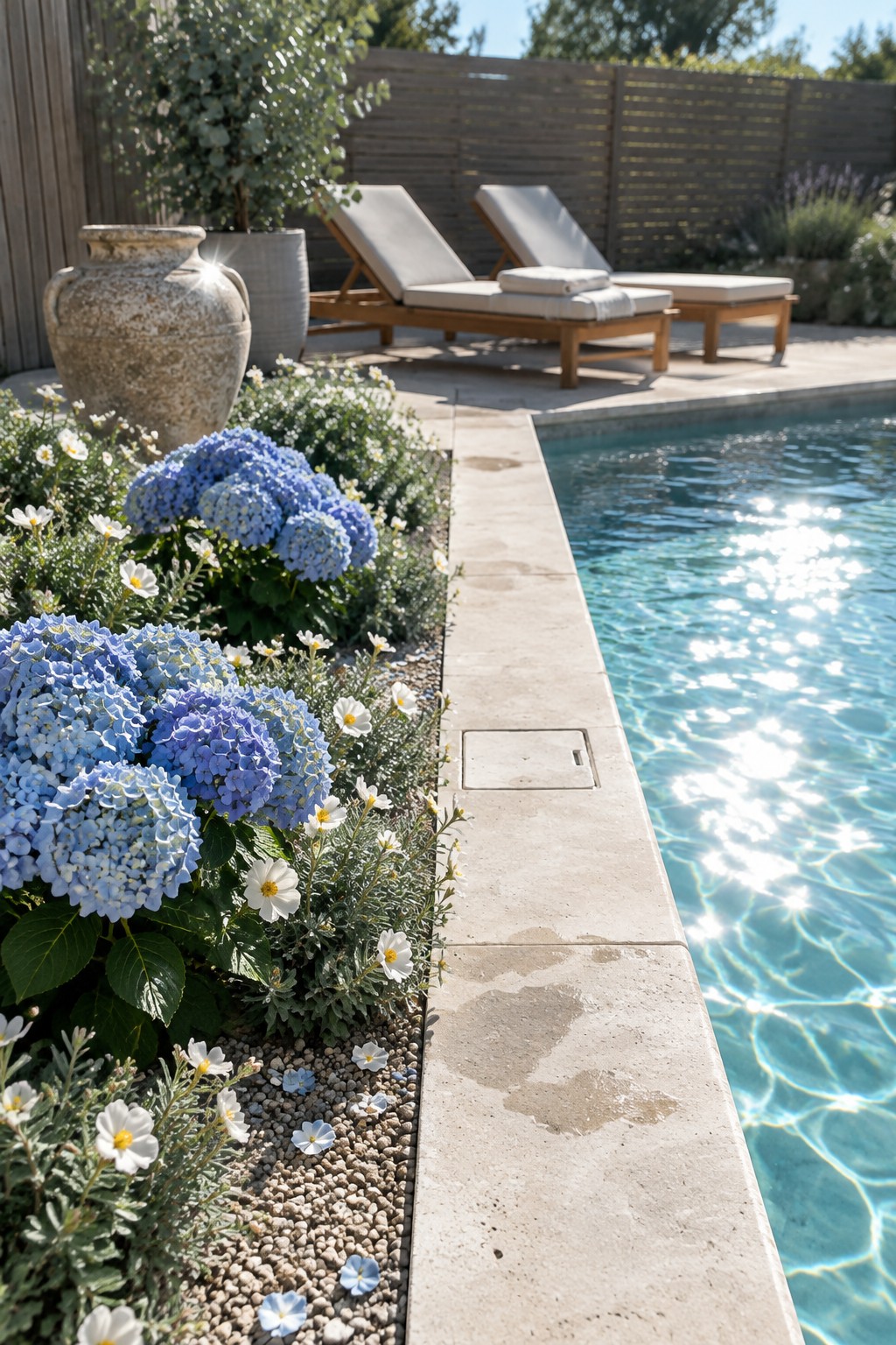 Blue hydrangeas and white flowers grow beside a stone pool deck, with two wooden lounge chairs behind them.