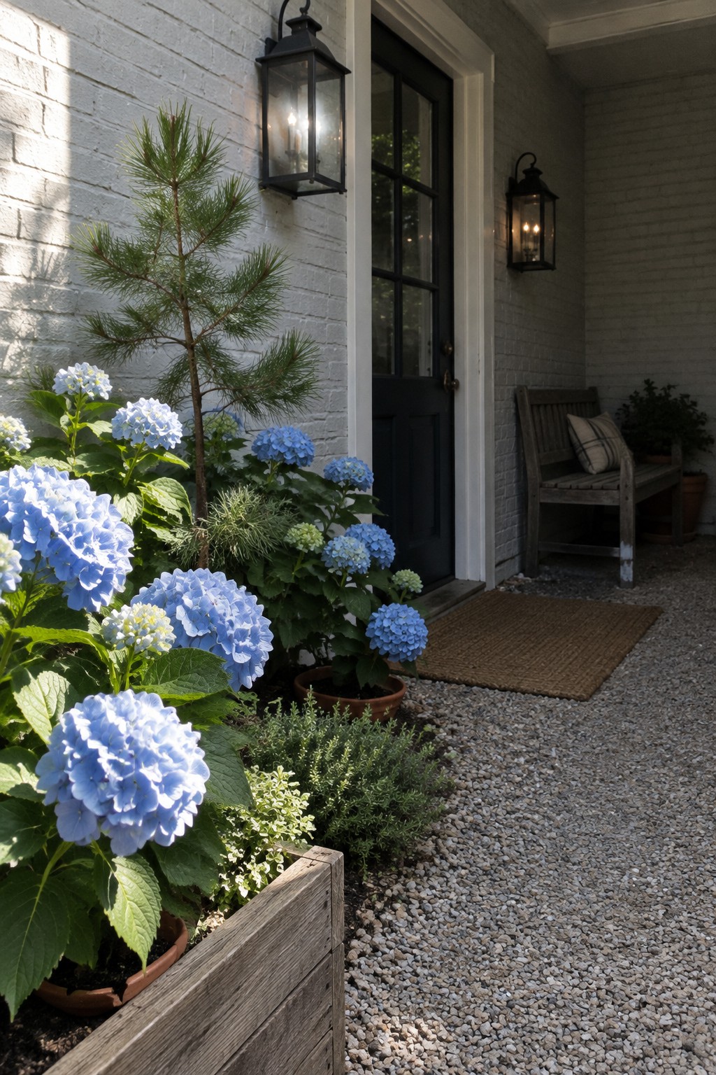 Blue hydrangeas and a young pine grow beside a gravel path leading to a dark front door.