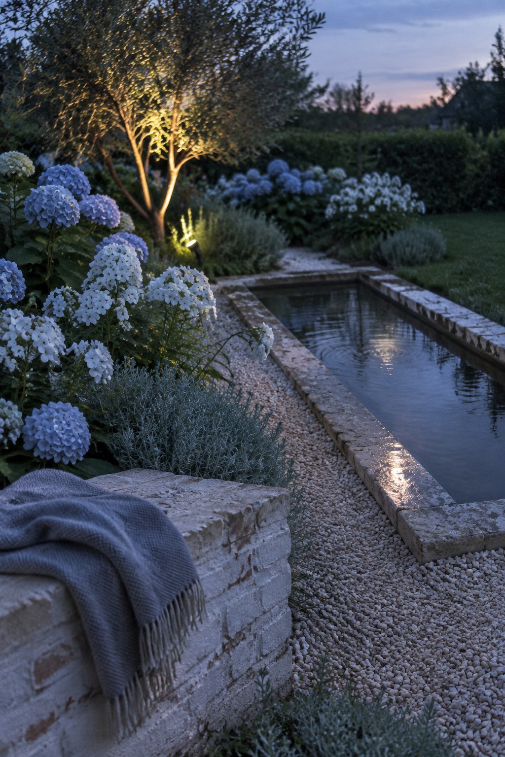 Blue and white hydrangeas grow beside a narrow stone-edged garden pool and gravel path.