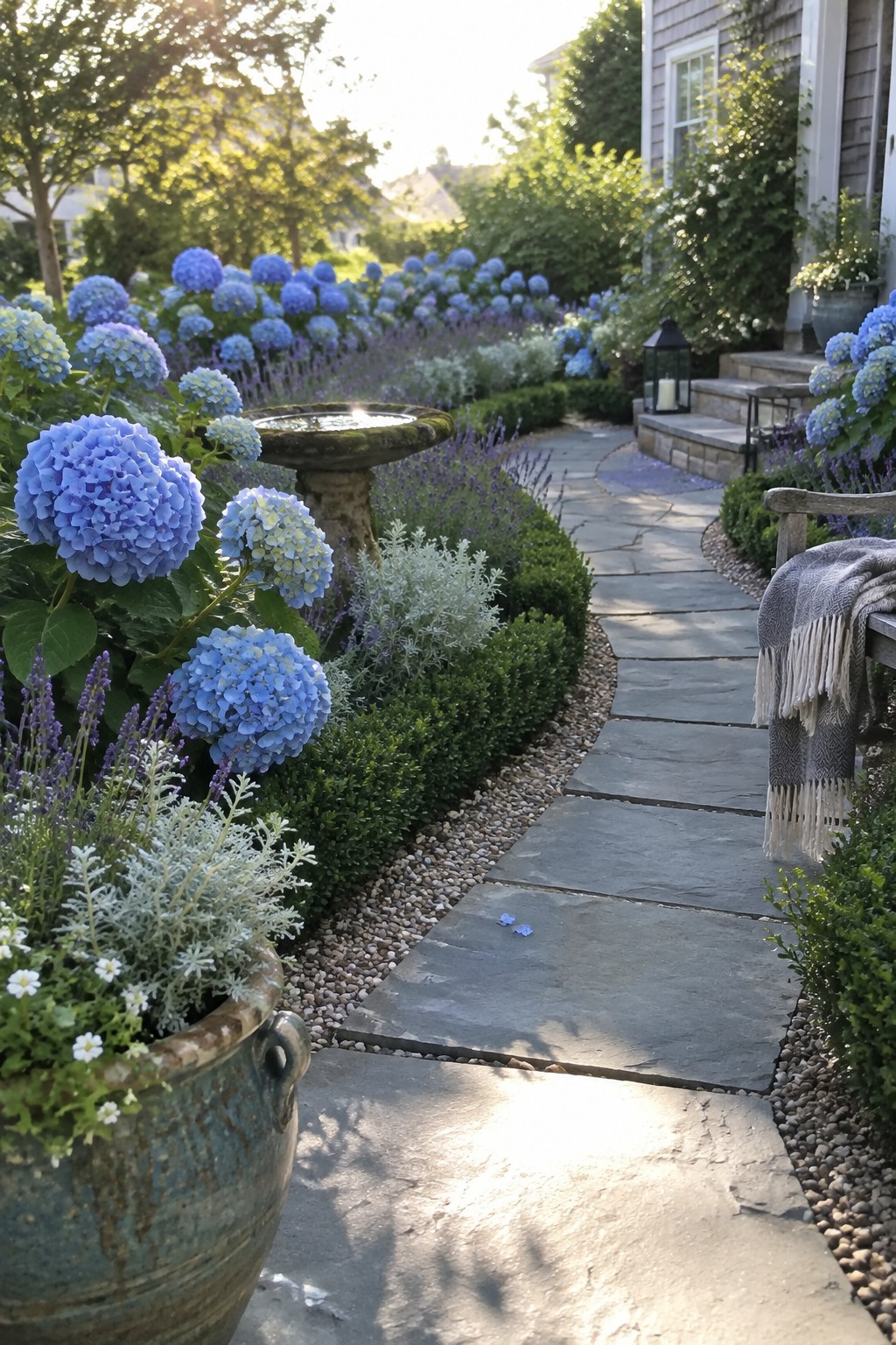 A curved stone path runs through blue hydrangeas, low shrubs, and gravel beside a house.
