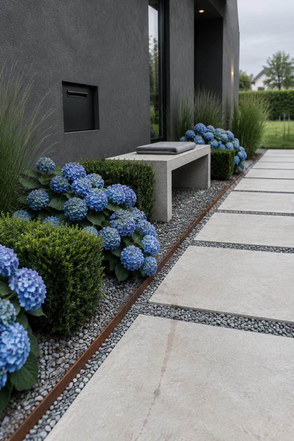 Blue hydrangeas and clipped shrubs line a gravel bed beside large concrete stepping stones and a dark modern house.