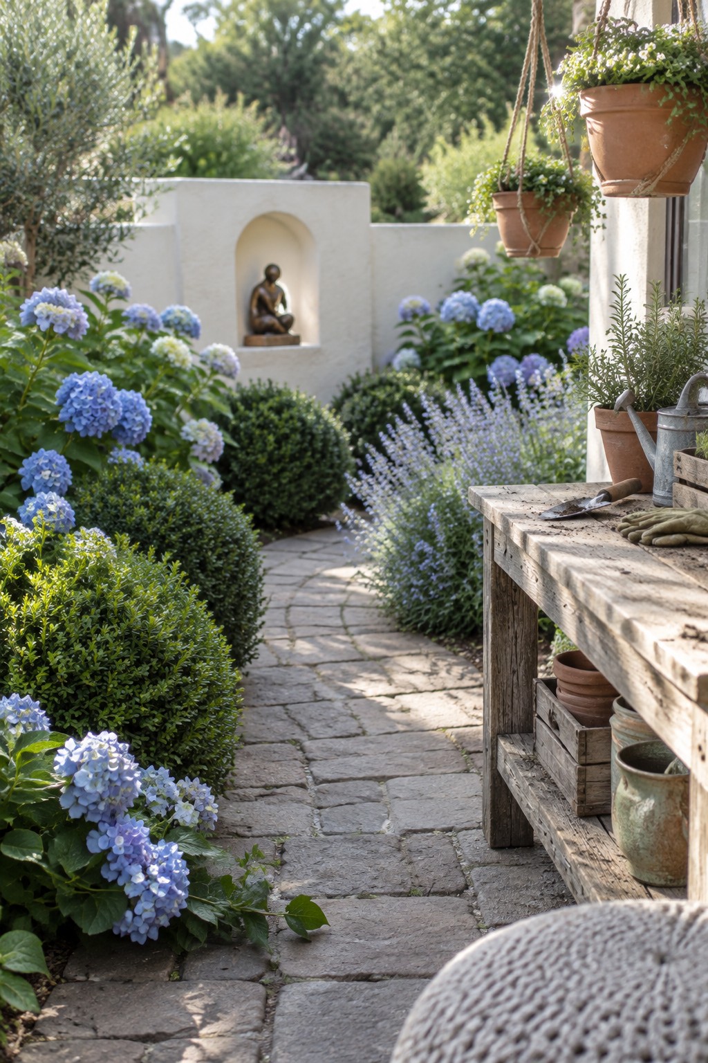 A curving stone path runs through a garden edged with blue hydrangeas and lavender, with a small statue in a wall niche.