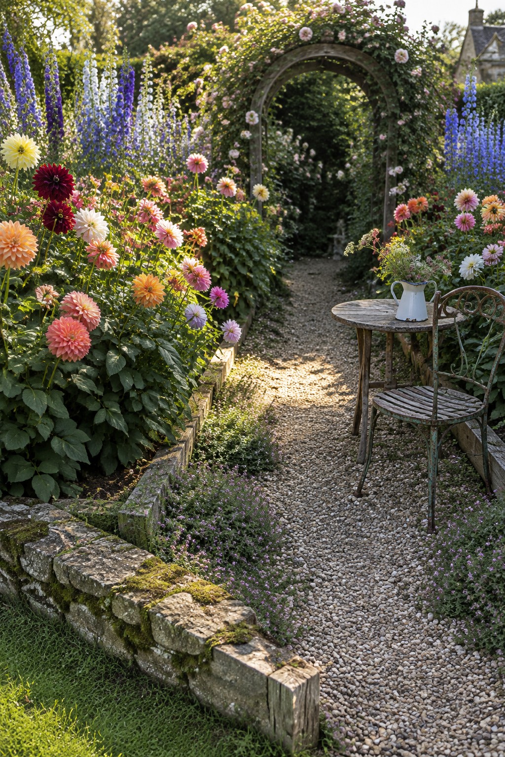 A gravel path curves through a flower garden filled with colorful dahlias and passes beneath a rose-covered arch.