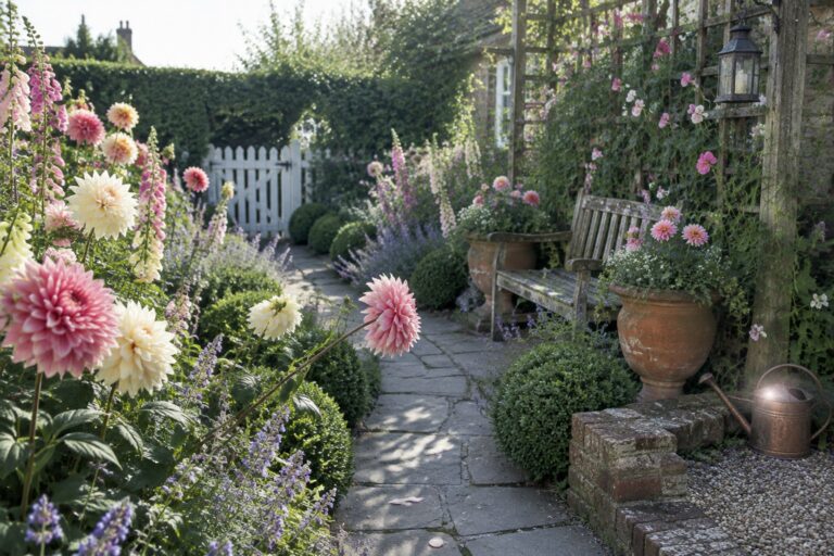 17 Cottage Garden Landscaping Ideas With Dahlias An irregular stone path winds through a cottage garden planted with dahlias and other flowers, past a wooden bench and a white picket gate.