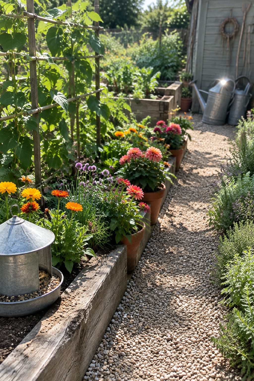 A gravel path runs between flower beds and terracotta pots of dahlias in a cottage garden.