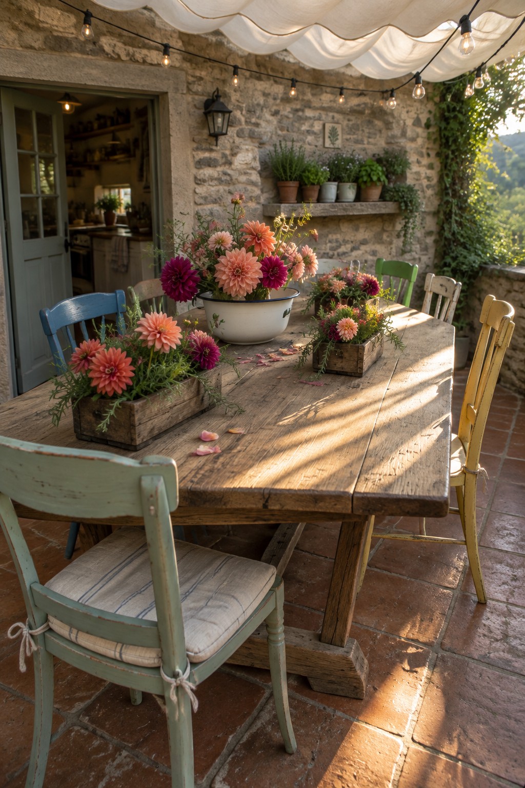 A rustic outdoor dining table holds several arrangements of pink, coral, and burgundy dahlias on a stone patio.