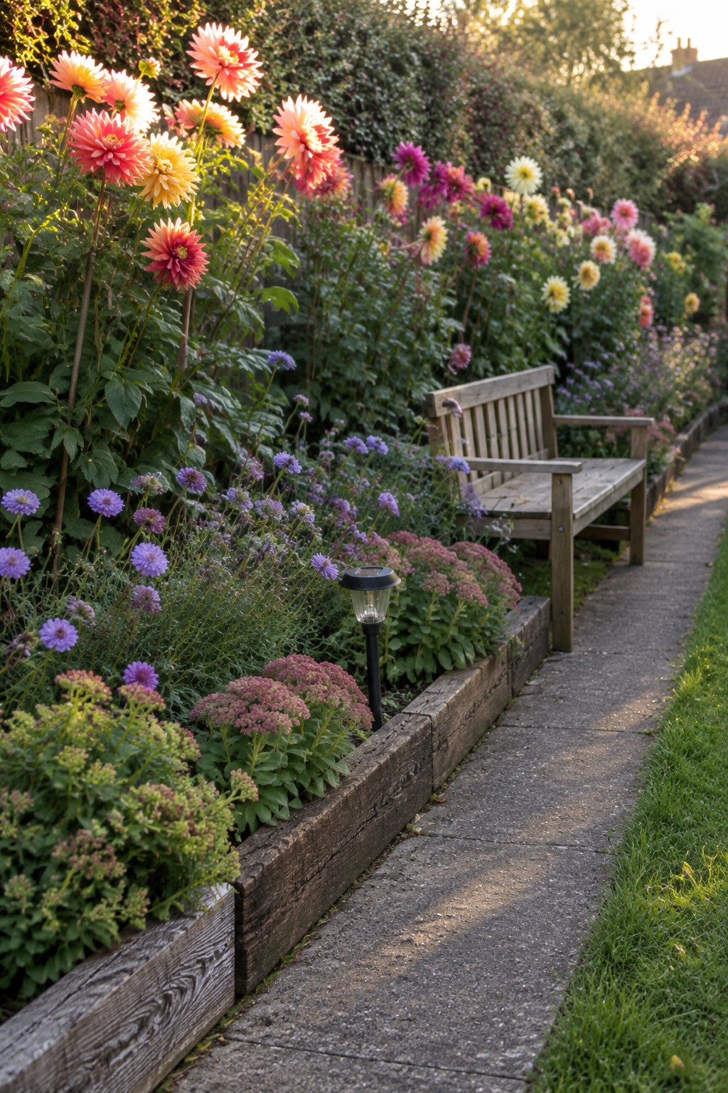 A paved garden path runs beside a raised flower bed filled with dahlias and smaller purple flowers, with a wooden bench nearby.