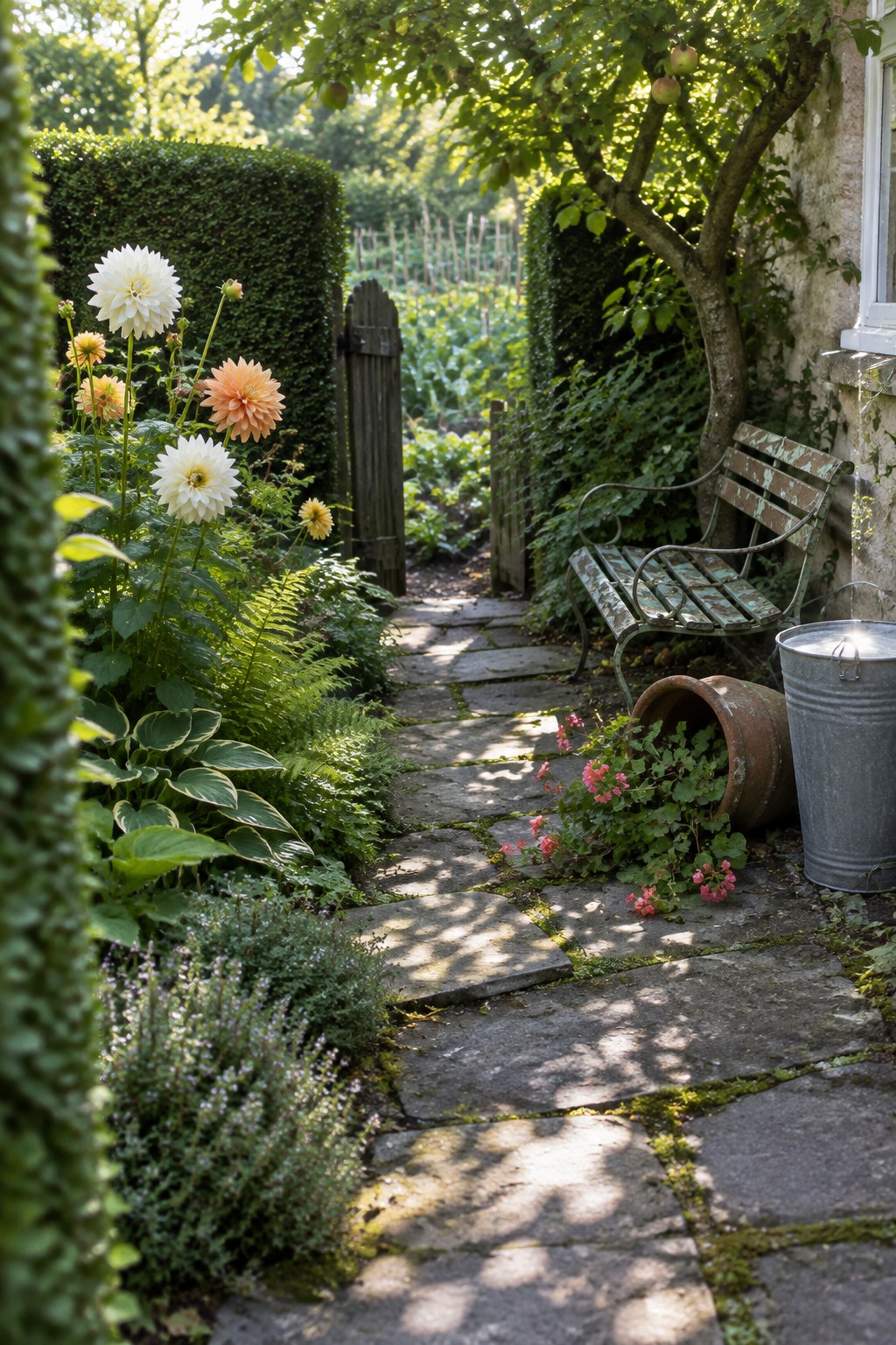 A narrow stone path passes through a wooden gate between hedges, with dahlias growing along the left side and a garden bench beside the house.