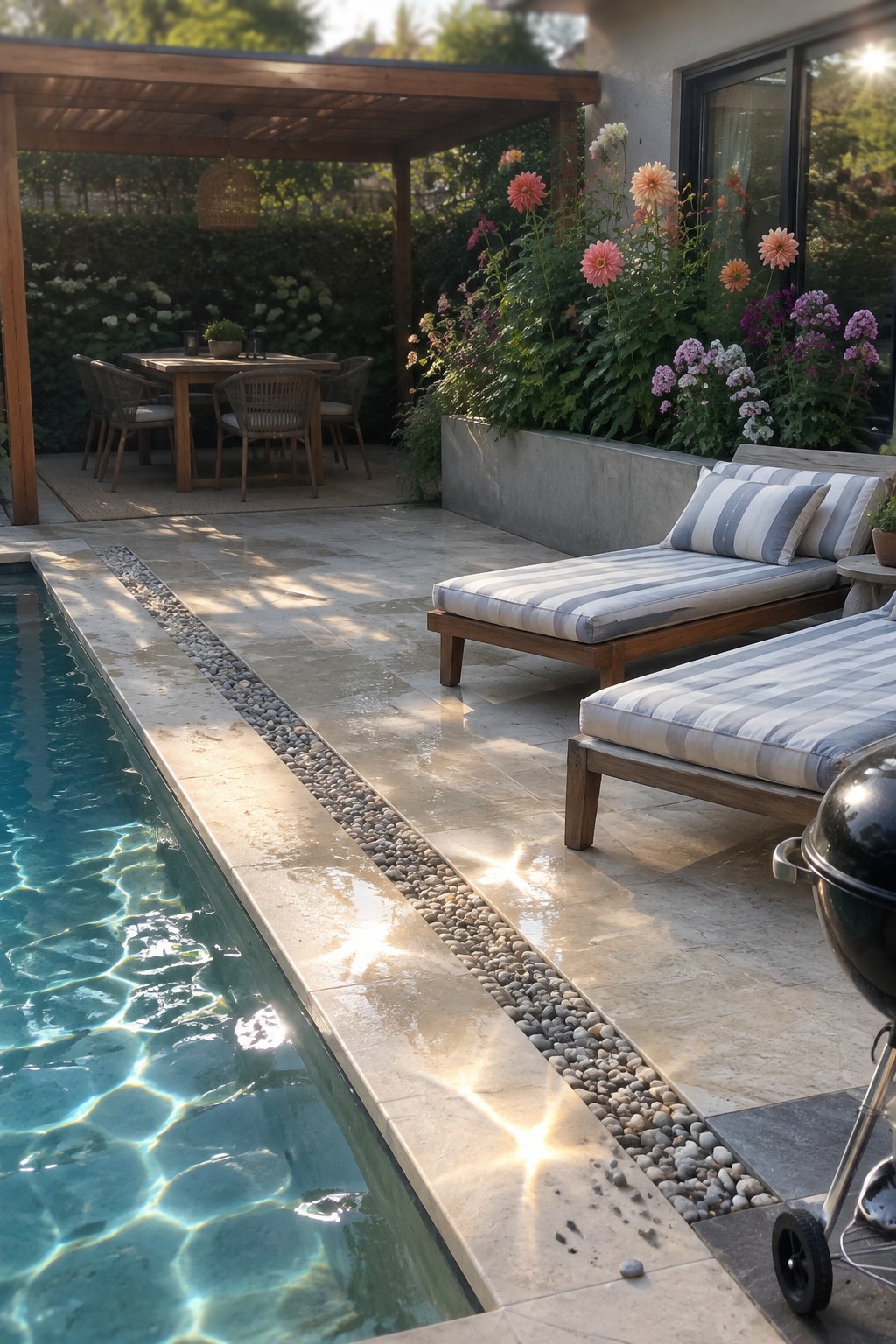 A paved patio beside a narrow pool has two striped chaise lounges and a raised flower bed filled with dahlias and other flowers.