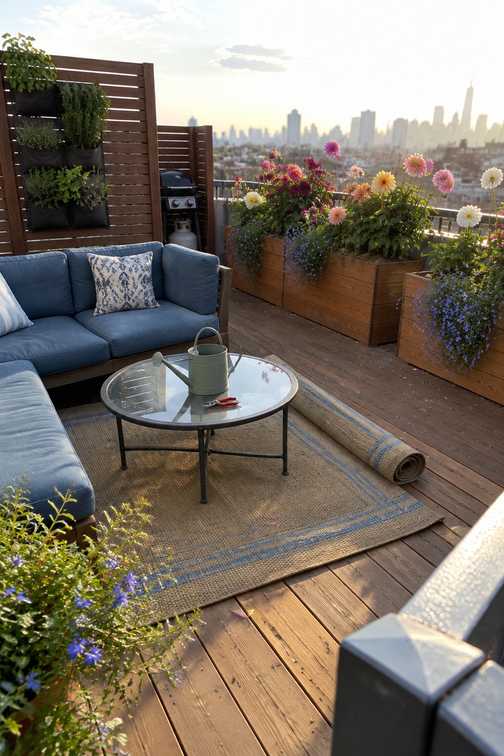 A rooftop deck has blue seating, wooden raised planters filled with colorful flowers, and a city skyline in the background.