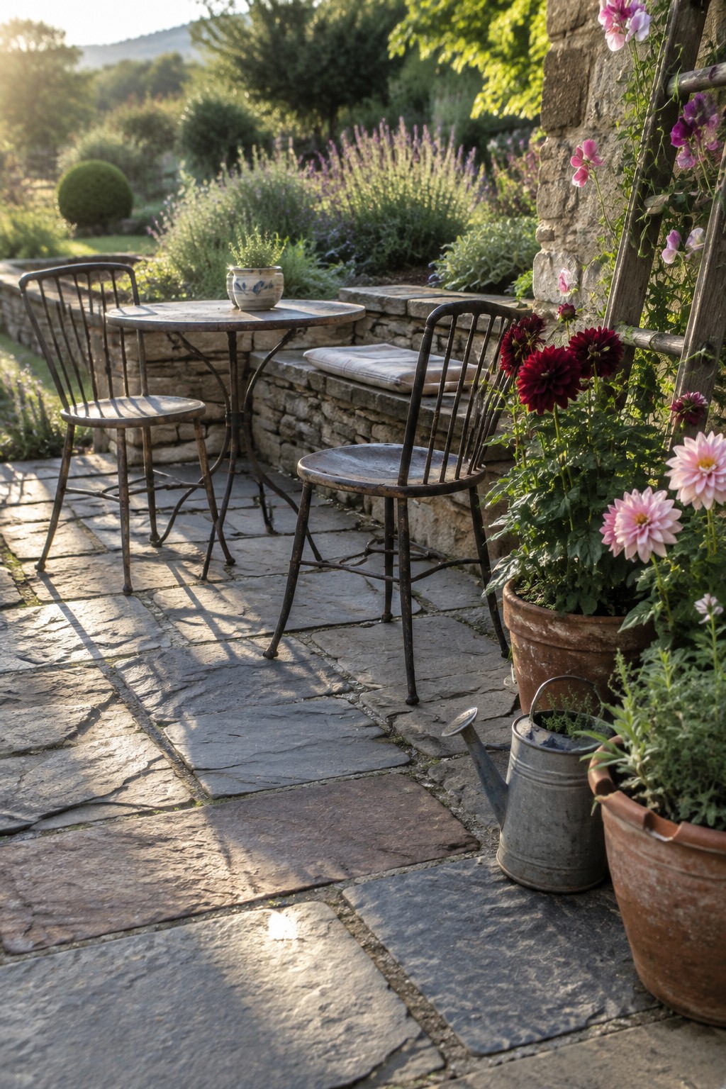 A stone-paved garden patio with a metal table and chairs beside flowering plants.