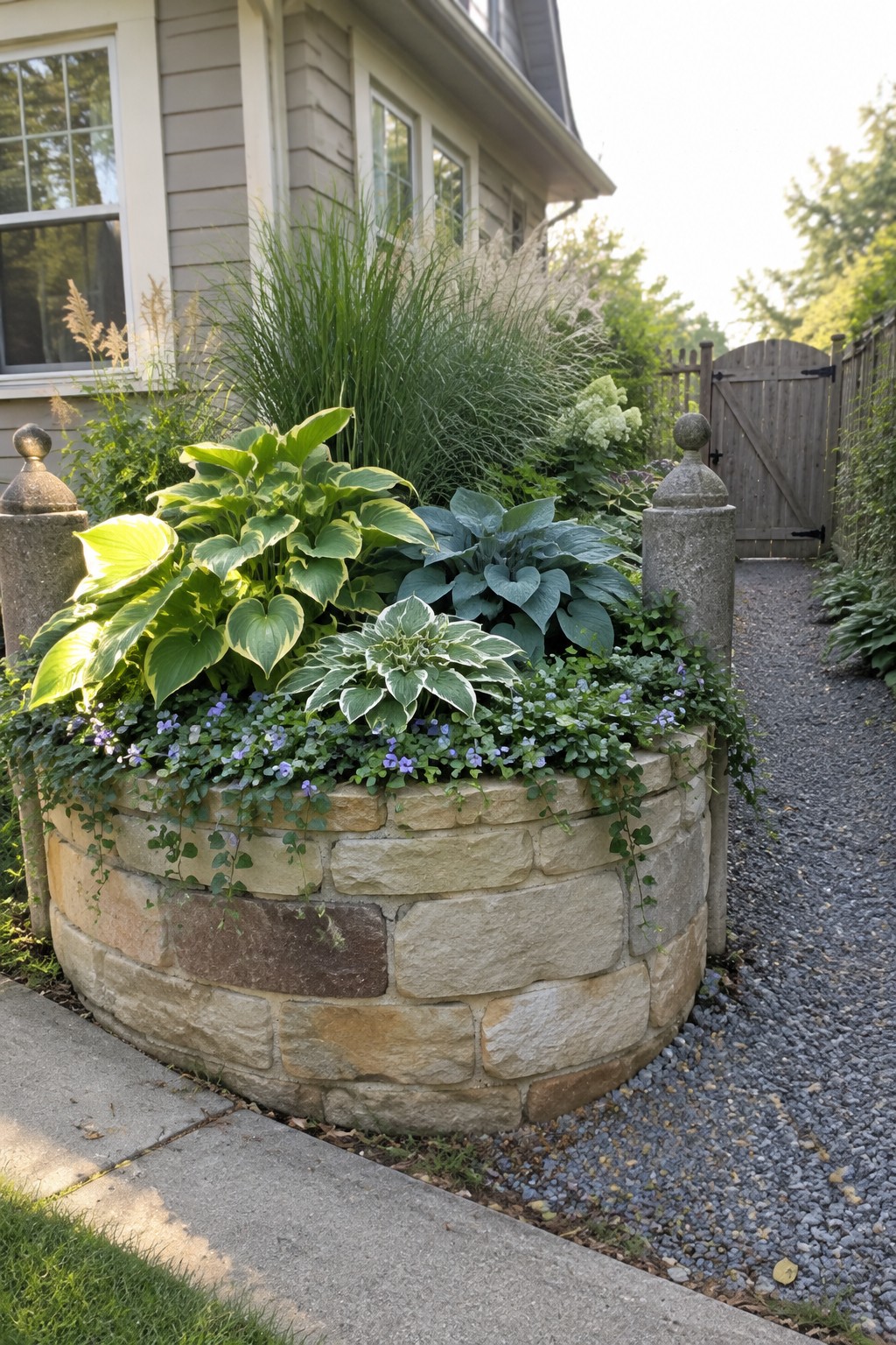 A curved raised stone bed planted with hostas, ornamental grasses, and small purple flowers beside a gravel path.
