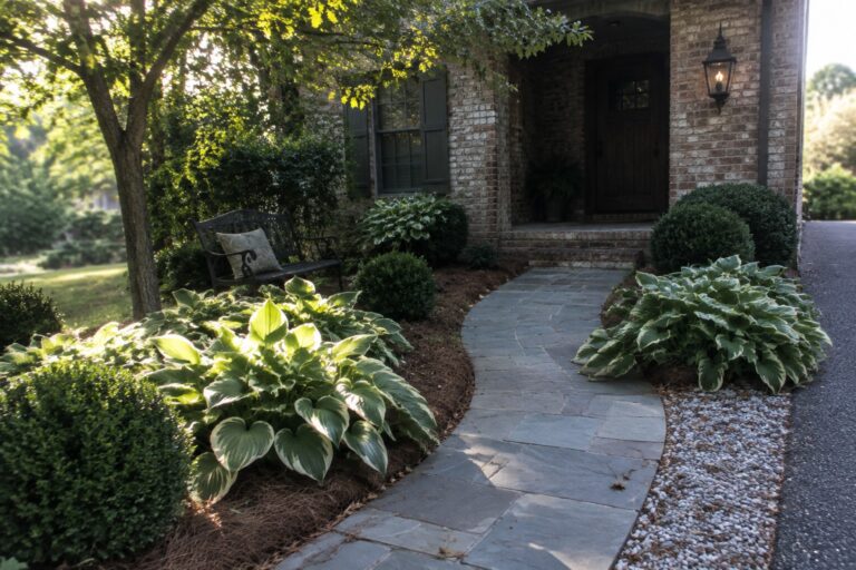 Large stone slabs form a curved path through hostas toward a brick front entry.