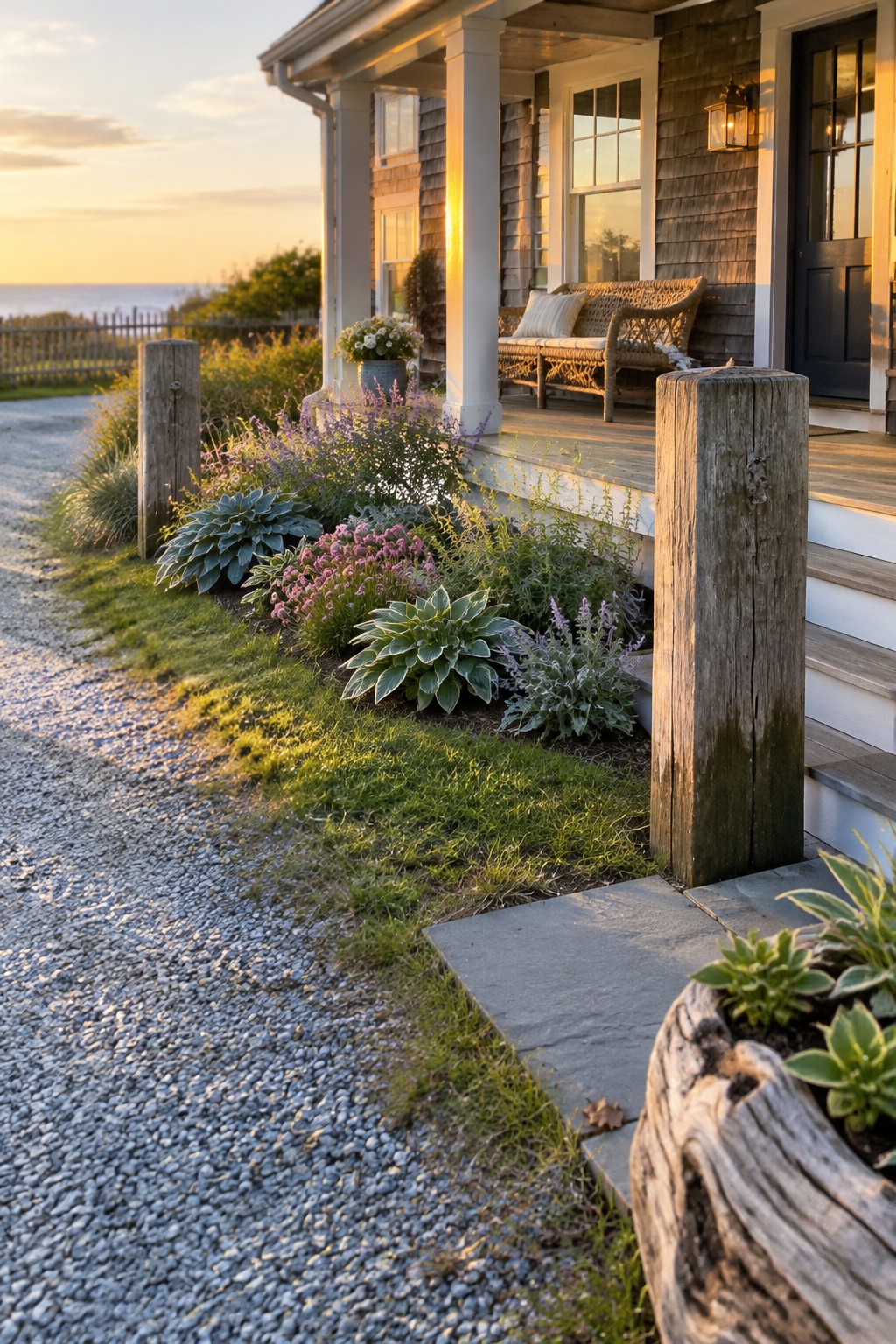 A gravel path leads to a coastal home, with hostas and flowering plants along the porch and two wooden posts beside the walkway.