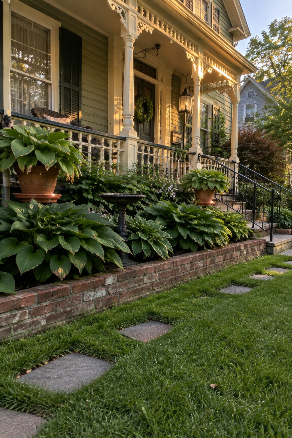 Large hostas fill a raised bed edged with brick beside the steps of a house.
