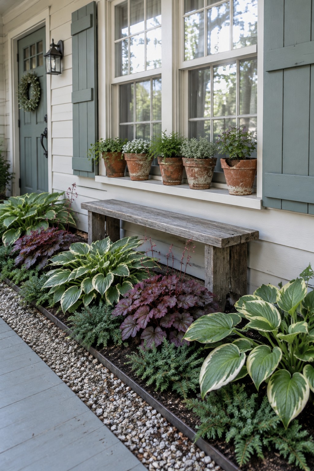 Variegated hostas and purple-leaved plants fill a foundation bed beneath a window lined with terracotta pots.